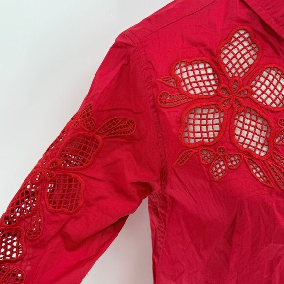 Dear John Womens Red Long Sleeve Button-Up Blouse With Floral Crochet Design Siz - Picture 3 of 5